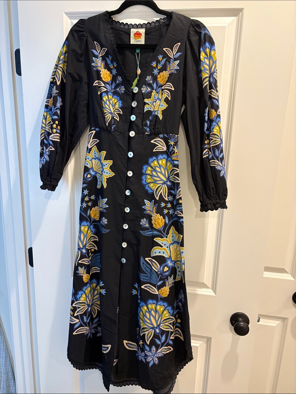 FARM Rio Black Maxi Dress Long Sleeve with Blue & Yellow Floral Print NWT